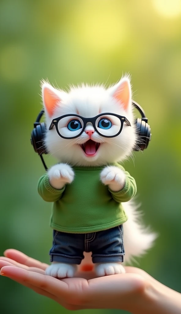 Make it " Super realistic image of a cute cat , adorable cute face ,  very small white color cat size ( 3cmx4cm  ) ,  standing and playing on a human hand ,  The fur is soft and smooth glowing white , wearing a green shirt, black jeans pants ,  wears DJ st...