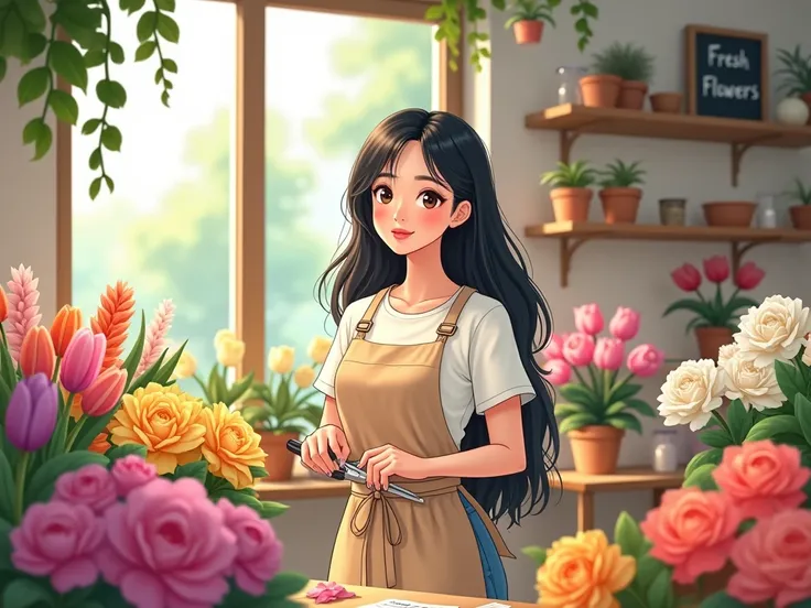 cartoon style, cozy and vibrant flower shop, a 20s Korean woman with long waved black hair, wearing a light beige apron over a simple white t-shirt and jeans, gently trimming the stems of flowers with small scissors, surrounded by colorful bouquets of rose...