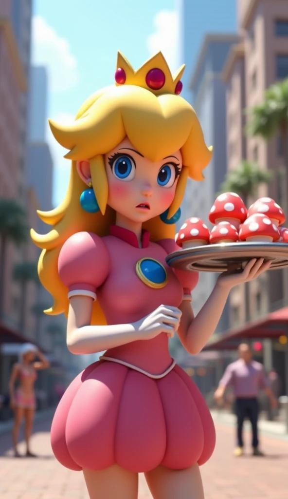 Create a CG Princess Peach from Super Mario Bros games. She has a worried face and shes a tray full of Super Mushrooms to the camera. Shes in a city wearing a short dress that highlights her big boobs