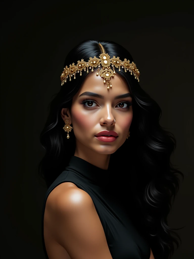 create a indian 20 years women skin white black hair gold head chain item girl  and black clothes