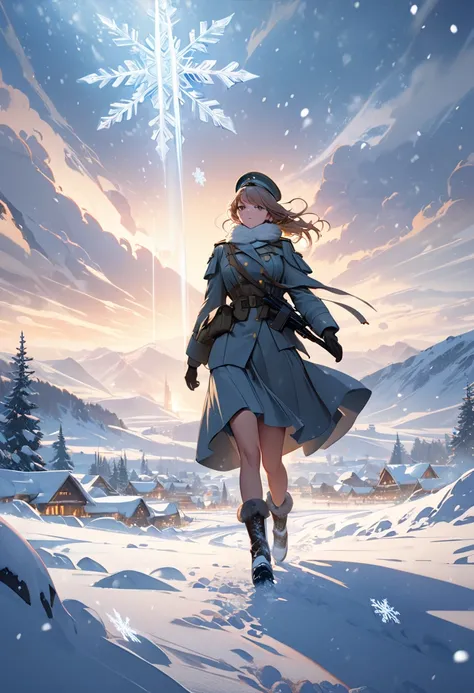 a lone female german soldier walking through a snowy winter battlefield, beautiful and fantastical winter battlefield scene, snowflakes dancing beautifully in front of the camera, masterpiece, best quality, 4k, 8k, ultra-detailed, extremely fine art painti...