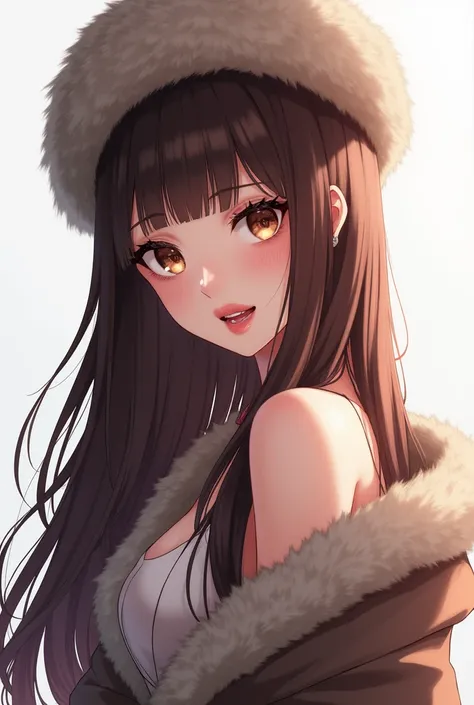 Osaki Amane, 1girl, hat, Gloves,  Smooth brown smooth long hair , Long and beautiful legs,  Sexiest lip shape and lip color ,  Noticeable sexiest eyeshadow with eyeliner ,  Noticeable longest thickest curled lashes,  white background, fur hat, Smile,  Brow...