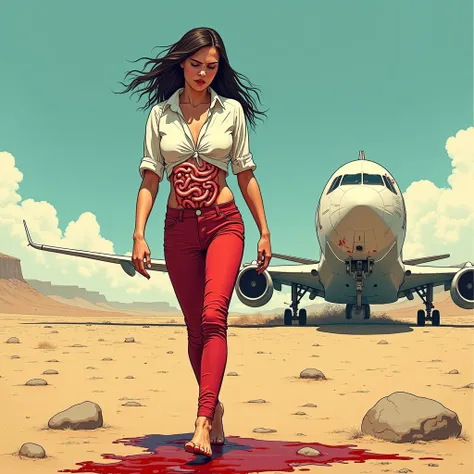 Generate cinematic artstyle of a barefoot female flight attendant in white shirt TUCKED in skintight red pants is walking weakly after plane crash in a desert area , crashed plane can be seen in background, arching downward , slightly bending down clutchin...