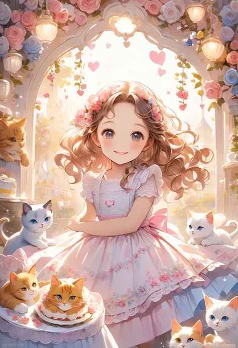 Smiling wavy haired girl making a cake 、There are cats around it、romantic background with lace pattern