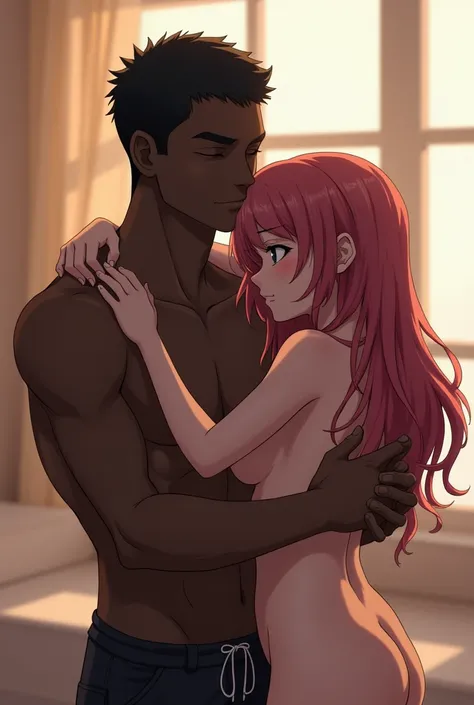 Anime girl with no clothes hugging a black man