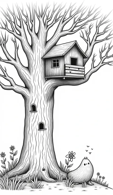 coloring book style, enchanted forest, treehouse, simple outlines, giant trees, thick trunks, branches with leaves, no color, black and white, clear details, whimsical, fantasy, glowing flowers, curious creatures, misty atmosphere, simple shapes, ethereal"