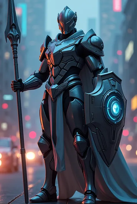 A formidable tech knight adorned in state-of-the-art armor, standing tall against a backdrop of a futuristic city in twilight. The armor, a sleek blend of ancient aesthetics and cutting-edge technology, gleams with a metallic sheen that reflects the neon l...