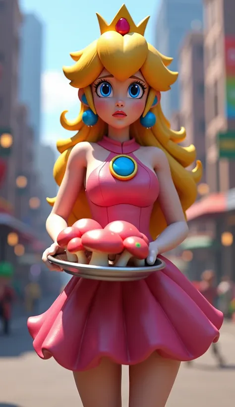 Create a CG Princess Peach from Super Mario Bros games. She has a worried face and shes a tray full of Super Mushrooms to the camera. Shes in a city wearing a short dress that highlights her huge boobs