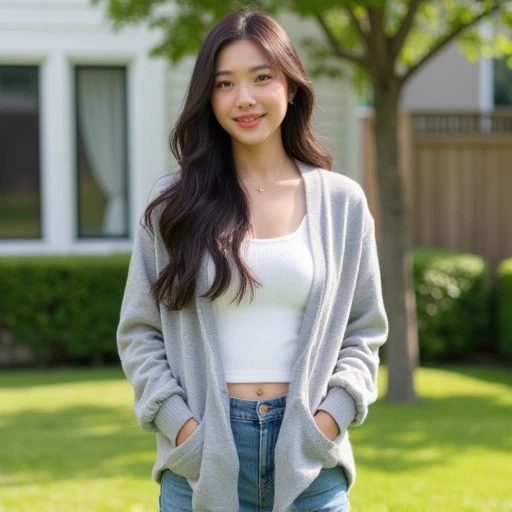 A beautiful young Asian woman with long straight hair, wearing a gray long-sleeved cardigan, short jeans, smiling on a mossy lawn, atmosphere in front of a model house.