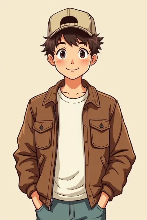 Sketch art 20 years old cute man wearing a brown leather jacket white inside t-shirt and hat in a very light brown background 