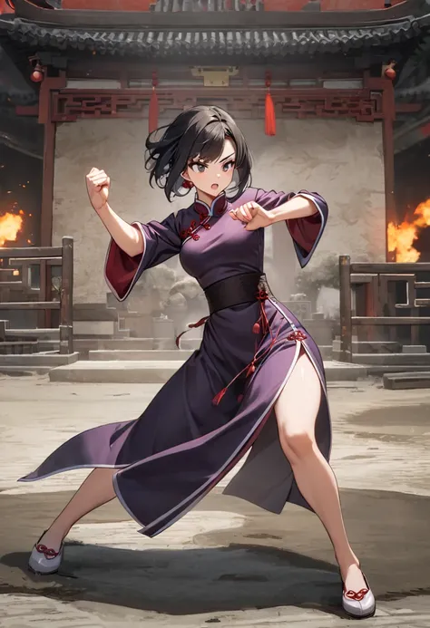  girl , purple Qipao ,  Chinese clothes, traditional clothing, action pose,  full body,  Black short hair  , martial arts, ( 1girl),  medium chest , ((фиолетовая  Chinese clothes)), traditional clothing, одежда heightца,((  Black hair )) ,  woman , clear f...