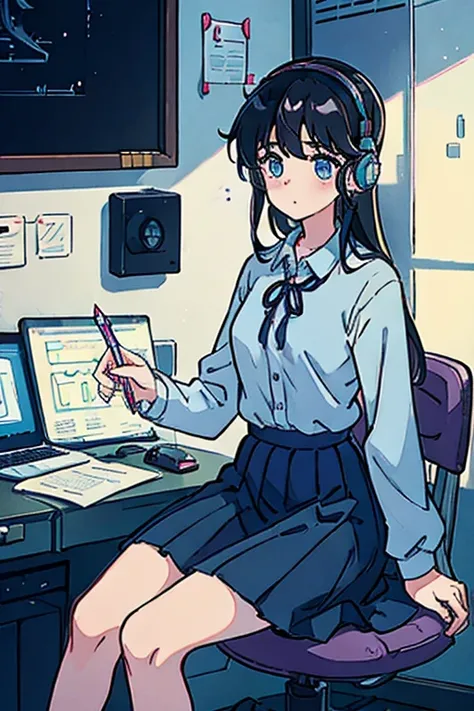 a girl , long black hair, , pastel blue shirt and navy blue skirt , wearing headphones and holding a pen ( in a room ) dat time