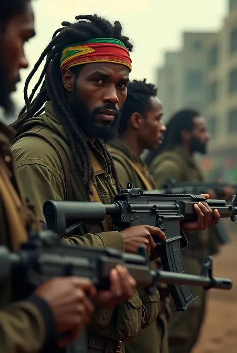 Rasta with rifles  Ethiopian soldiers many people cinematic lights YouTube thumbnail size 