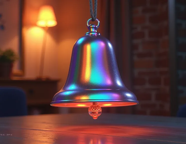 "A glossy, iridescent bell displaying a vibrant spectrum of colors that shift across its smooth surface, creating a mesmerizing rainbow effect. The bell is hanging in a warmly lit indoor setting, with a blurred background featuring soft bokeh lights and su...