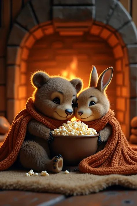 Bear and hare cuddling with blankets and eating popcorn by the fireplace