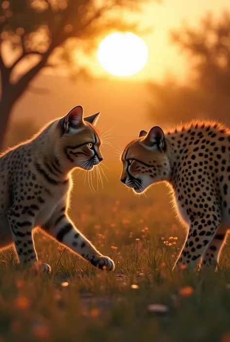 
" An impressive and ultra-realistic scene of a domestic cat and a cheetah staring fiercely at each other,  in a wild environment . The cat,  with soft fur and intense yellow eyes , is standing,  with the aggressive posture ,  the claws ready to attack . A...