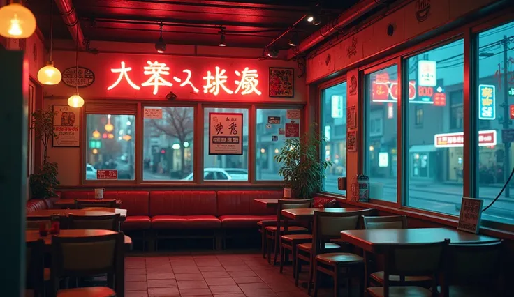 A I am surrounded by a nostalgic city atmosphere.  This scene is depicted in a 1980s Japanese anime style. ,  Along with vivid neon lighting shining through a large cafe window, ,  warm and cold color contrast ,  and detailed hand-painted textures .  The r...