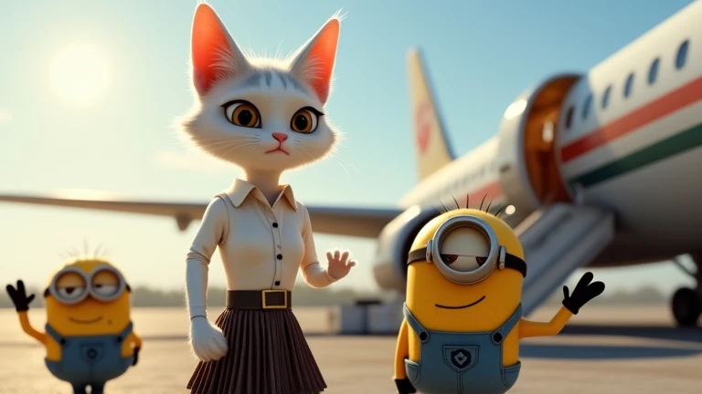 A lively airport scene with cheerful Minions waving goodbye to two anthropomorphic cats. The first is Kate, a graceful white cat with silky fur and light gray stripes, wearing a formal white shirt tucked into a pleated skirt, standing upright in an elegant...