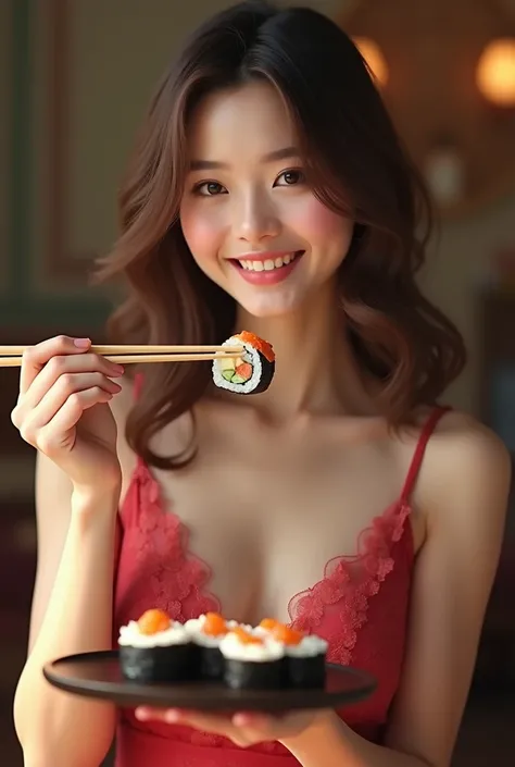 Create a photorealistic image of a young woman enjoying sushi. The woman has a delicate and feminine appearance, with soft makeup and wavy medium-length brown hair. She is wearing an elegant red dress with pink accents and holding chopsticks in one hand, p...