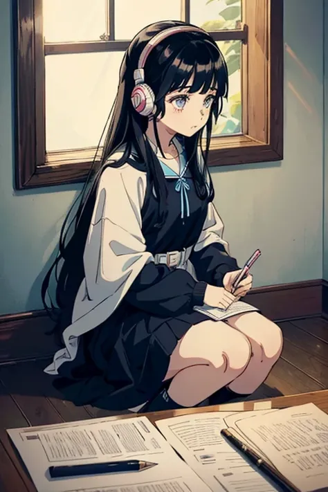 a girl , long black hair, , pastel blue and navy dress , wearing headphones and holding a pen ( in a room ) dat time