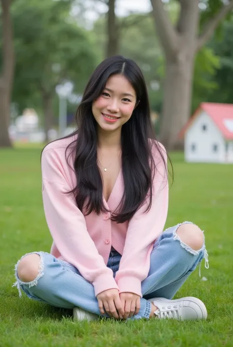 A beautiful young Asian woman with long straight hair, wearing a pink long-sleeved cardigan, ripped jeans, smiling, sitting on a moss lawn, atmosphere, in front of a model house.