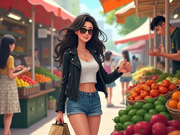 cartoon style, bustling outdoor marketplace, a 20s Korean woman with long waved black hair, wearing a white cropped t-shirt, a black leather jacket, short denim shorts, and black sunglasses, holding a reusable shopping bag in one hand, browsing fresh veget...