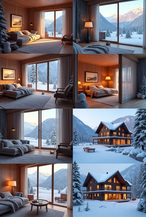  A collage of 6 images .  Hyperrealistic ,  3 d clarity of details ,  on everyone - a chalet in the mountains , comfort comfort ,  you can see the winter landscape from the window,  beautifully designed .Winter background .  Luxury luxury .  Drawings numbe...