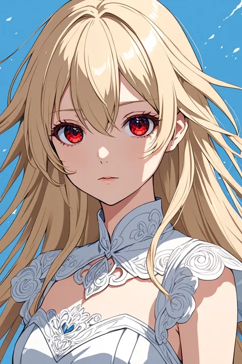 a female with long light blonde hair, white dress, red eyes, white color scheme, blue background, anime version 