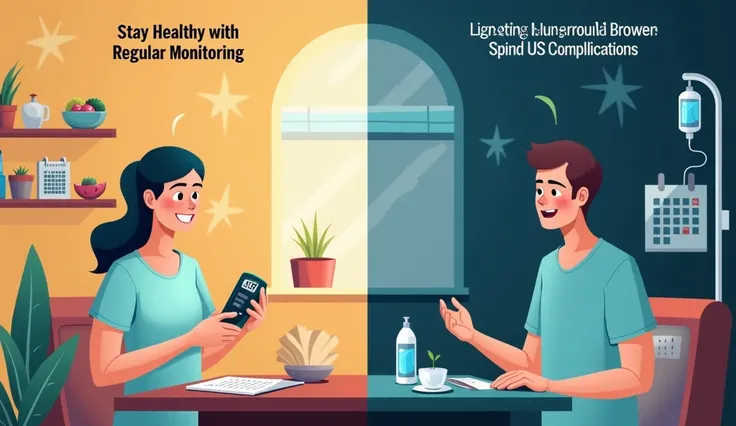 Create an impactful illustration emphasizing the importance of monitoring blood glucose levels. The scene is divided into two parts:

Left Side: A person in a healthy state, smiling and checking their blood glucose with a glucose monitor. The surroundings ...