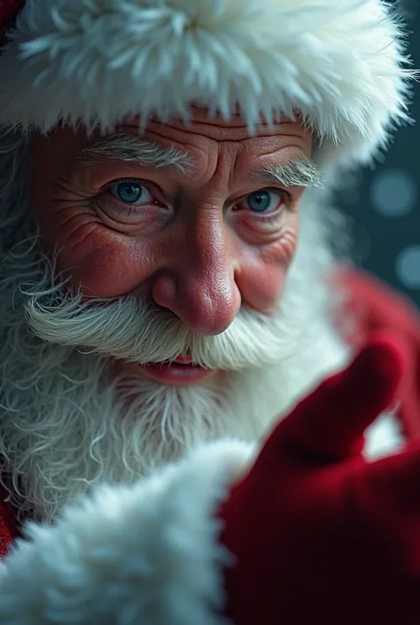 Santa Claus looks out from above ,  only fingers and half of his face are visible