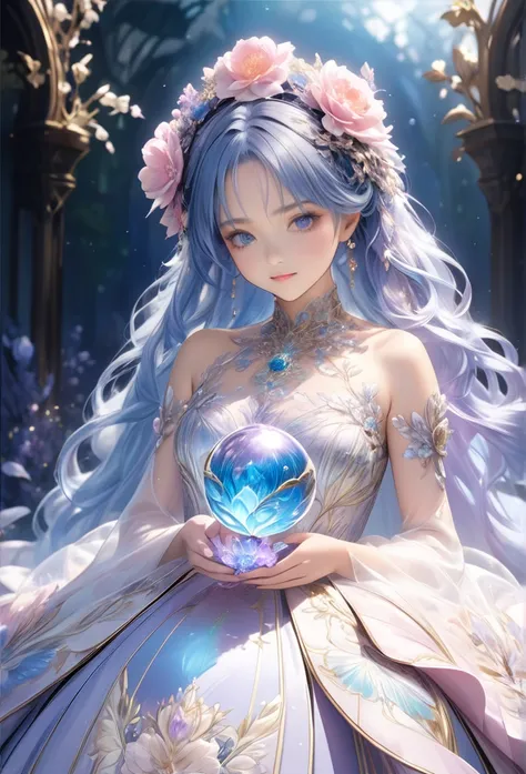 tmasterpiece，cute  、幼い女の子、Highest high resolution，((magic orb))，Dynamic bust of beautiful aristocratic maiden，Blue hair is elegantly coiled，（(Wearing a huge flower crown、jewelery，adiamondnecklace))，Purple clear eyes，(((The hair is covered with beautiful an...