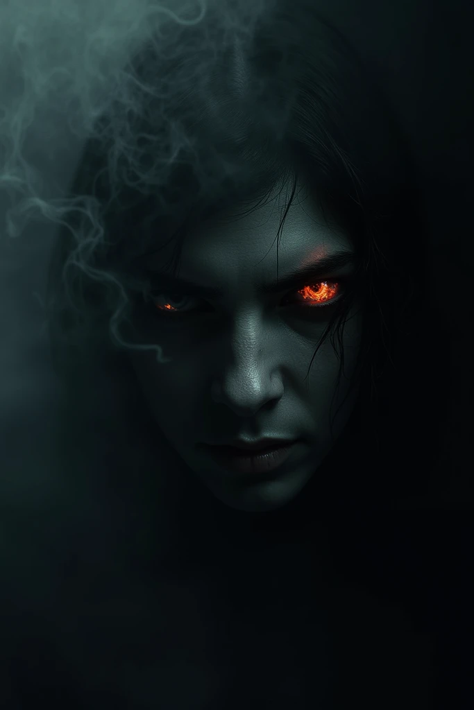  Half of the face is completely dark in the background smoke or dark shadows Eyes that show cruelty or fear (With eyes on fire or immersed in shadows )