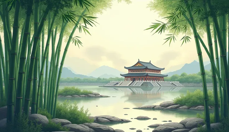 give me a bamboo with traditional chinese style landscape background with 宫殿 no need water