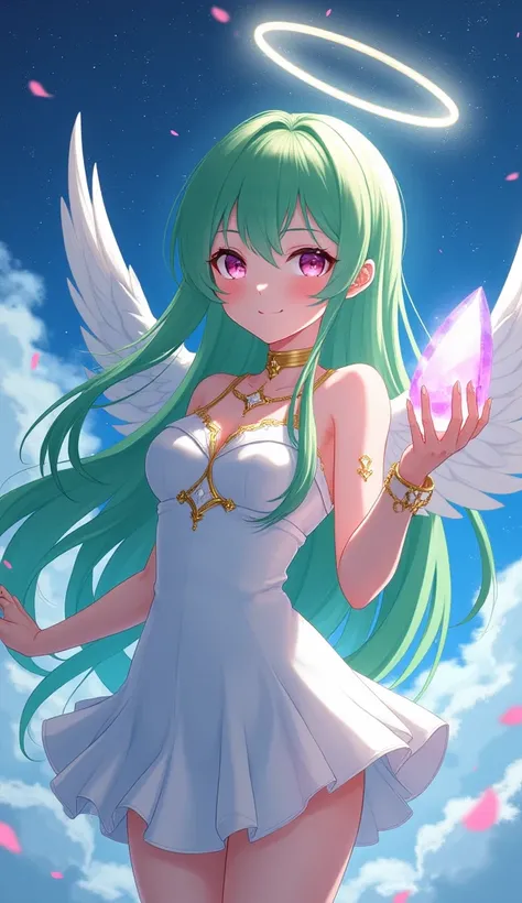   beautiful angel character ： petite angel in Korean style cosplay 、  white feathers on his back  、 long green hair、 Ring of Angels Overhead 、 Pink eyes shining  、 My smile is kind  、 A spectacular night sky in the background  。  holding a shining crystal ...