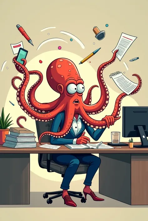 Miss Octopus having problem with her tasks. She holds a pen, notes, computer, and handphone at the same time in front of her office table. 