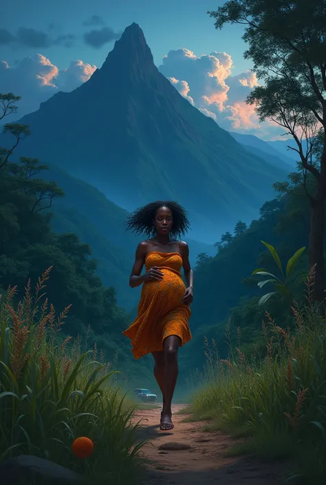 Create an realistically  image of 
black african culture .  Showing a beutiful mountain in the village,,, forest  , ,, grasses.. .. trees  plantations.. a  beutiful girl pregnat    running with a  sad facess with full of tears at   mid night  going to the ...