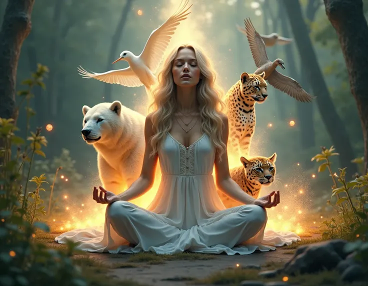 woman meditate in spiritual place, animals like polar bear, leopard and flying heron reveals from her back, add more spiritual lights and magic dust