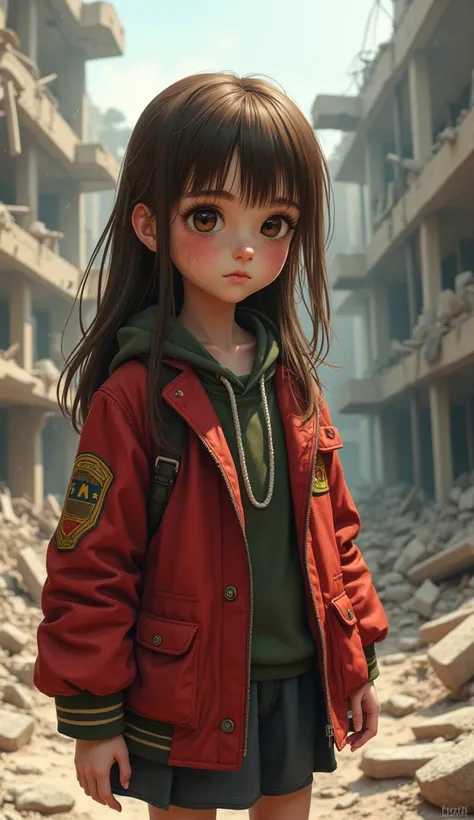 Image is a digital artwork depicting a young girl standing amidst a scene of destruction. The style is realistic with a focus on detailed textures and lighting. The layout centers on the girl, who has long, unkempt brown hair and a somber expression. Her s...