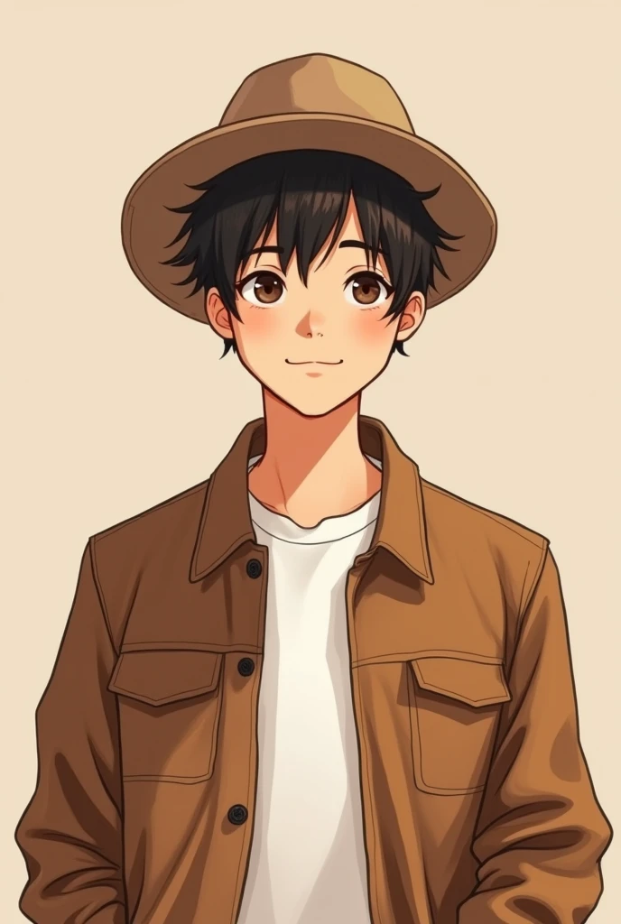 Sketch art lovely 20 years old cute boy wearing a brown leather jacket white inside t-shirt and hat in a very light brown background 