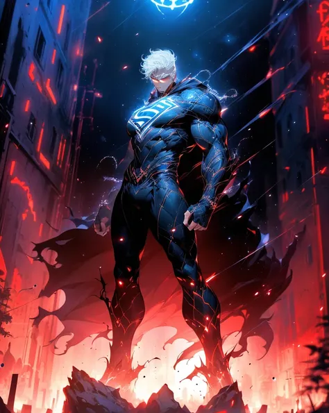 mature male,white hair, smart, tattoo, crossing fingers,(Jack Frost ) standing tall, summoning a barrier, sphere earrings, street fashion,glowing cold blue aura,fantasy,winter,((4k, 8k, Ultra HD)), ((Masterpiece :1.2)),