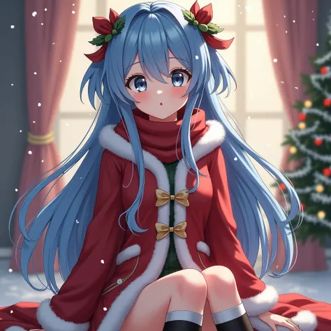 Christmas outfit anime mature girl blue hair