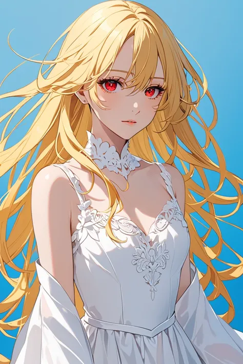 a female with long yellow blonde hair, white dress, red eyes, white color scheme, blue background