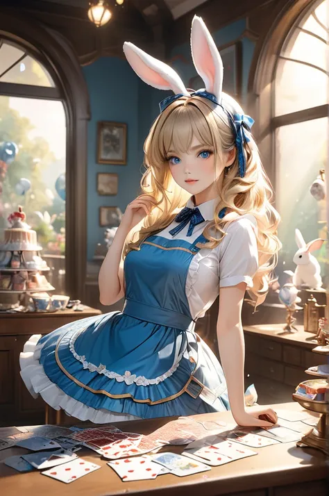  upper body shot、Official art、Best Quality、Unity 8k Wallpapers、32K、​masterpiece、 ultra-detailed、超A high resolution)、Fantastical、((alice in the wonderland))、a blond、Tie your hair with a ribbon、Blue colored eyes、Blue Apron Dress、white sock、PlayingCards、bunny...