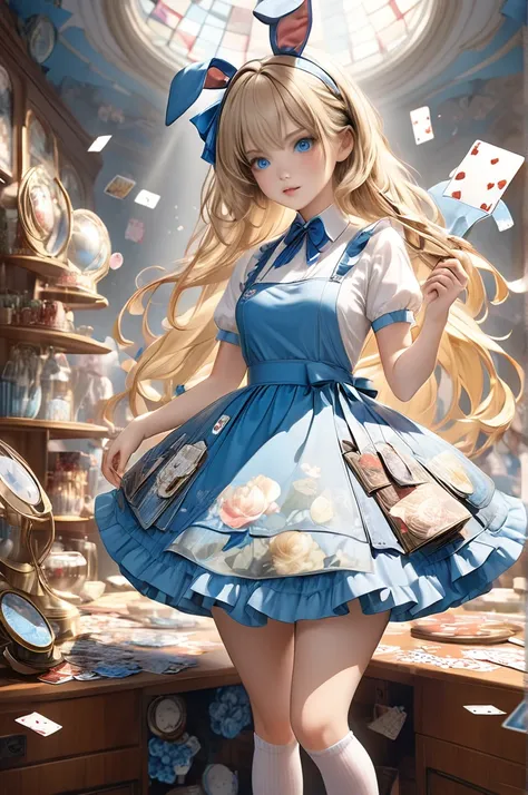  upper body shot、Official art、Best Quality、Unity 8k Wallpapers、32K、​masterpiece、 ultra-detailed、超A high resolution)、Fantastical、((alice in the wonderland))、a blond、Tie your hair with a ribbon、Blue colored eyes、Blue Apron Dress、white sock、PlayingCards、bunny...