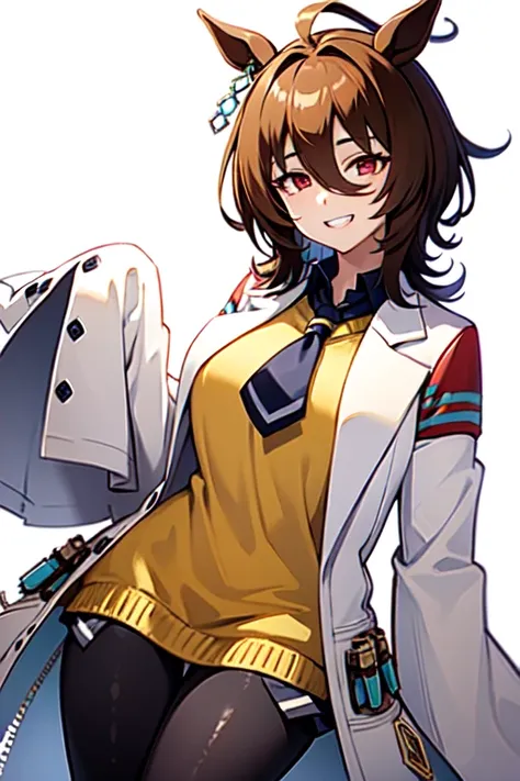  Agnes Tachyon 、Horse Girl、One person、 girl、Horse ears、Horse tail、 earring on one side 、Red eyes、 lines in eyes 、 shorthair、 brown hair 、Jacket、（White coat:1.2)、(bigger sleeve than wrist :1.1)、 yellow big sweater、 ties、 black pantyhose 、Stray hair、best qua...