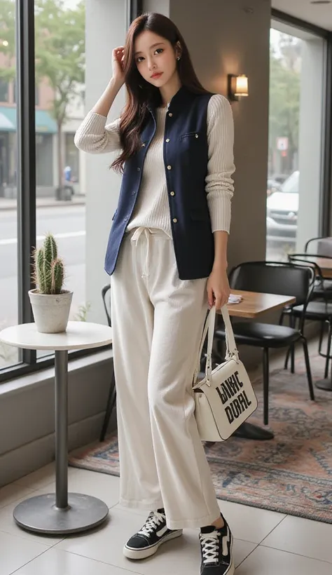 SS,BD,a tall, long legs,A model standing indoors in a casual outfit consisting of a light knit sweater paired with matching wide-leg drawstring pants made of a soft, textured fabric. Over the sweater, the model wears a sleeveless navy vest with a clean, st...