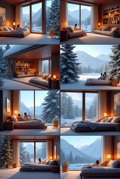  A collage of 6 images .  Hyperrealistic ,  3 d clarity of details ,  on everyone - a chalet in the mountains , comfort comfort ,  you can see the winter landscape from the window,  beautifully designed .Winter background .  Luxury luxury .  Drawings numbe...