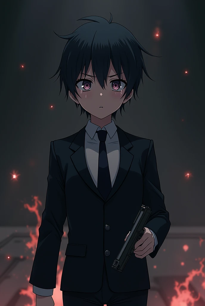 anime boys suit crying with a gun, Alone,  short hair,  black hair, Tears, crying, Serious, Yandere, crazy eyes, At an altar 