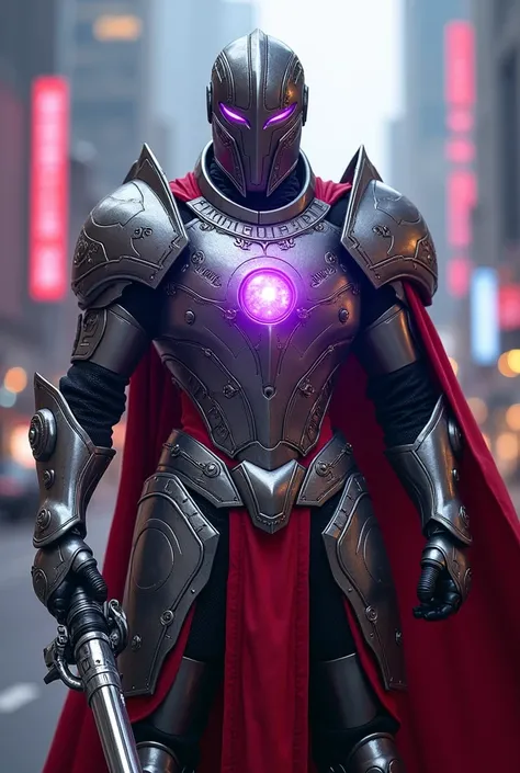 A formidable tech knight, clad in gleaming silver and crimson armor adorned with intricate, glowing purple runes. The focal point of the knights attire is the right shoulder, which boasts an integrated mini-gun attachment, its barrels spinning menacingly a...