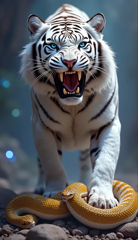 "A victorious white tiger standing proudly over the lifeless body of a Python snake. The tigers mouth is wide open in a deafening roar, showcasing its sharp teeth. Its powerful paw rests firmly on the Python snakes chest, asserting its dominance. The white...